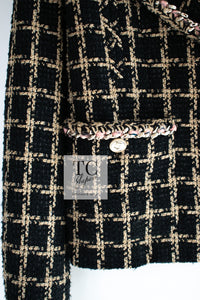 CHANEL 21S Black Beige Silk Cotton Tweed Jacket Silver Chain Trim No.5 Button 38 シャネル ブラック ベージュ シルク コットン ツイード ジャケット シルバー チェーン トリム No.5 ボタン 即発