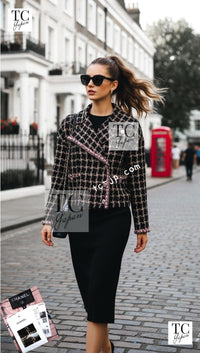 CHANEL 21S Black Beige Silk Cotton Tweed Jacket Silver Chain Trim No.5 Button 38 42 44 シャネル ブラック ベージュ シルク コットン ツイード ジャケット シルバー チェーン トリム No.5 ボタン 即発