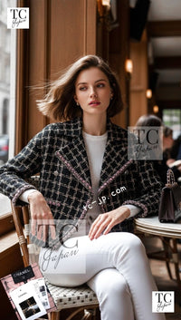 CHANEL 21S Black Beige Silk Cotton Tweed Jacket Silver Chain Trim No.5 Button 38 42 44 シャネル ブラック ベージュ シルク コットン ツイード ジャケット シルバー チェーン トリム No.5 ボタン 即発