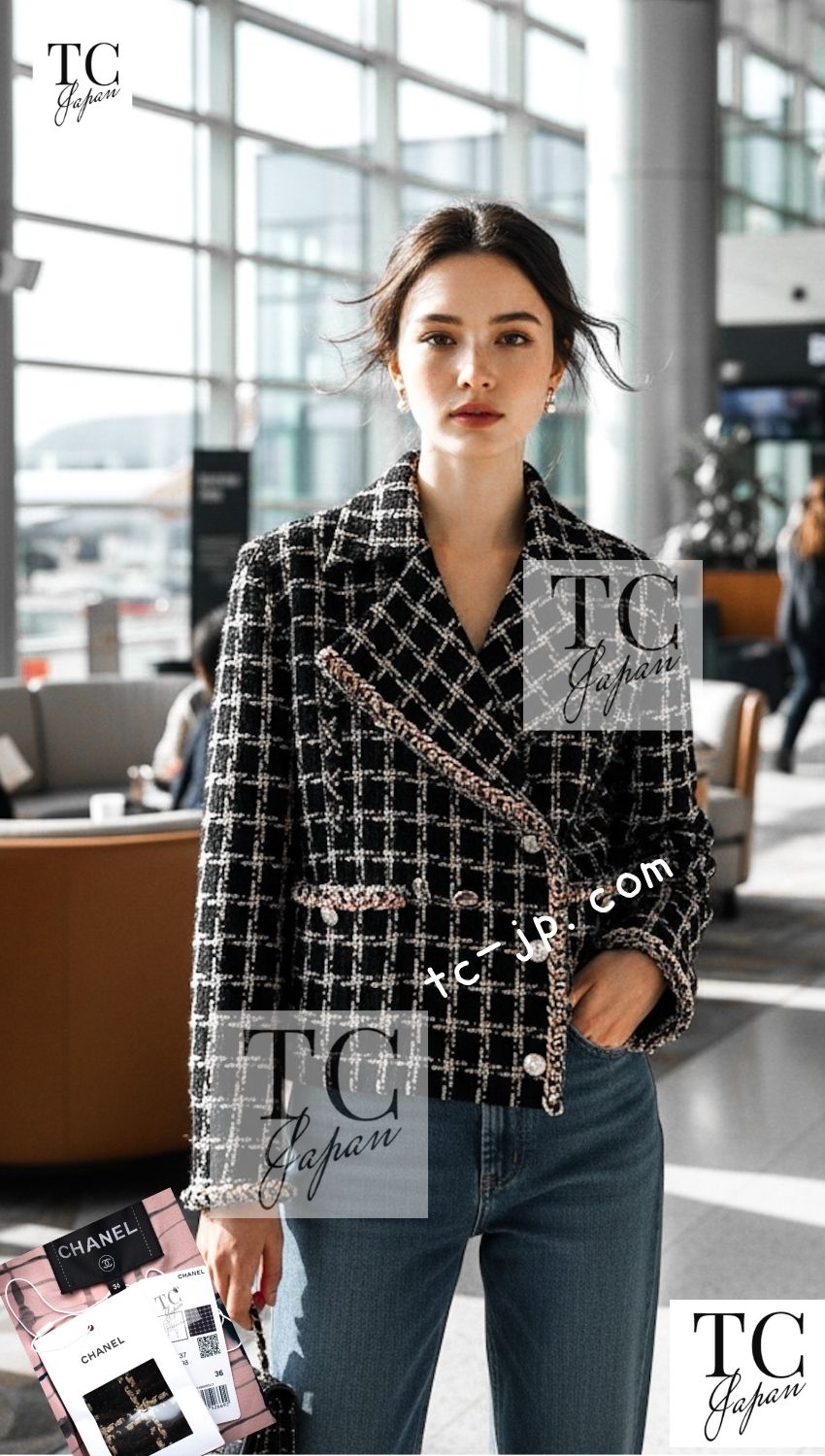 CHANEL 21S Black Beige Silk Cotton Tweed Jacket Silver Chain Trim No.5 Button 38 42 44 シャネル ブラック ベージュ シルク コットン ツイード ジャケット シルバー チェーン トリム No.5 ボタン 即発