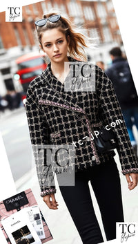 CHANEL 21S Black Beige Silk Cotton Tweed Jacket Silver Chain Trim No.5 Button 38 42 44 シャネル ブラック ベージュ シルク コットン ツイード ジャケット シルバー チェーン トリム No.5 ボタン 即発