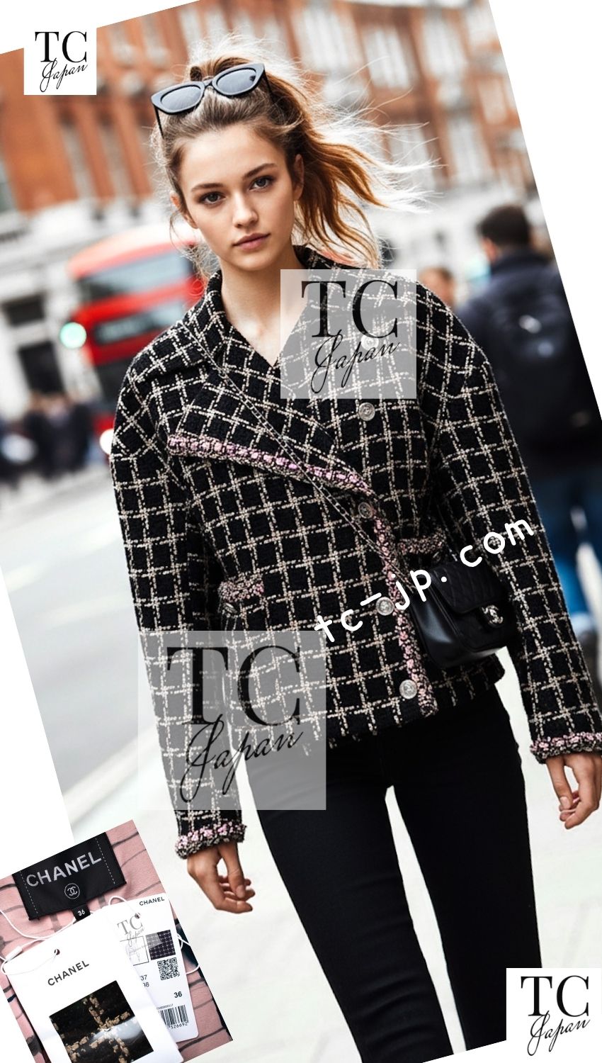 CHANEL 21S Black Beige Silk Cotton Tweed Jacket Silver Chain Trim No.5 Button 38 42 44 シャネル ブラック ベージュ シルク コットン ツイード ジャケット シルバー チェーン トリム No.5 ボタン 即発
