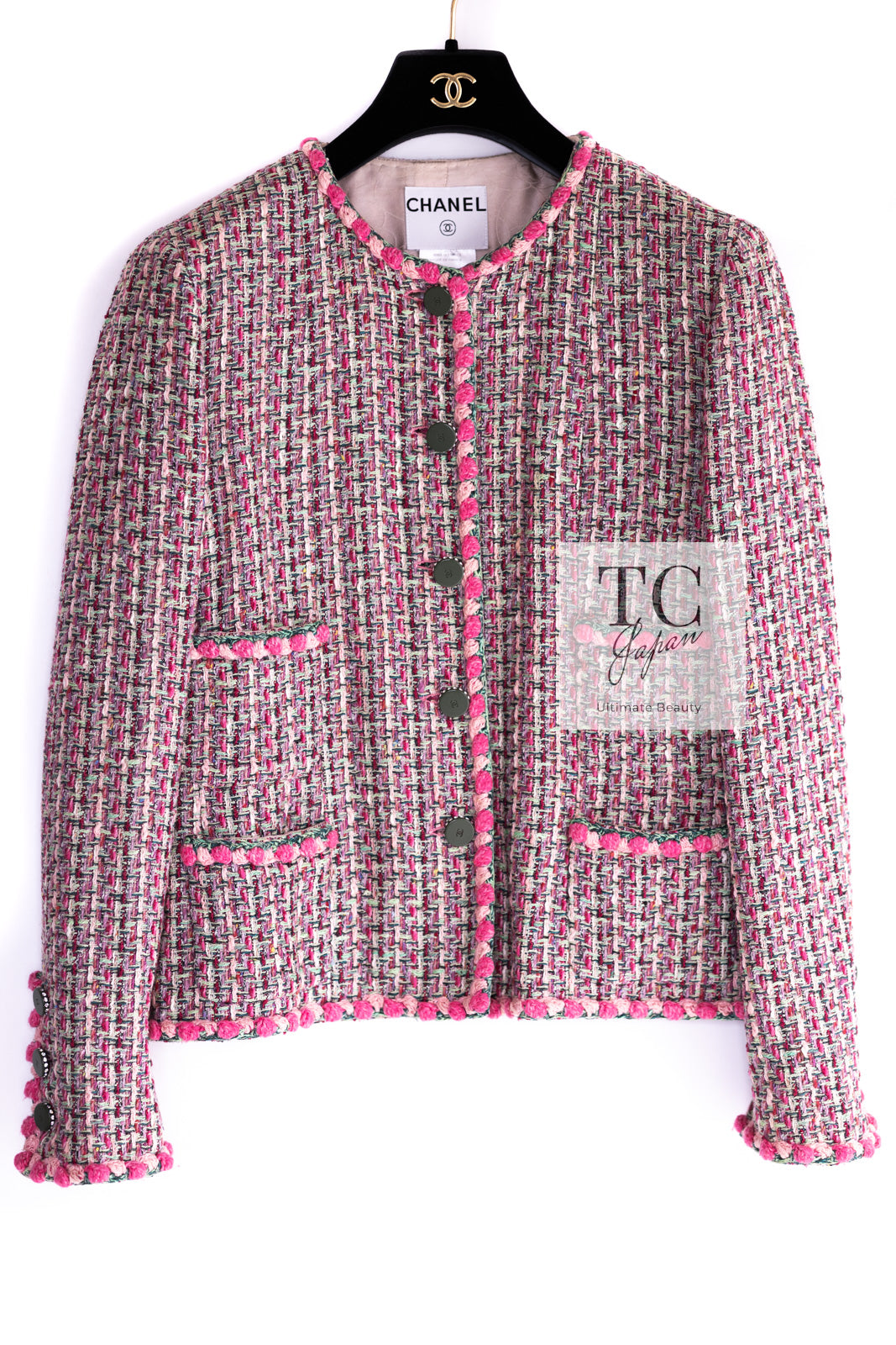 CHANEL 02S Pink Mix Ponpon Trim Cotton Silk Tweed Jacket 38 40 シャネル ピンク  ミックス ポンポン トリム コットン シルク ノーカラー ツイード ジャケット 即発