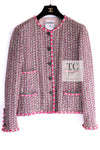 CHANEL 02S Pink Mix Ponpon Trim Cotton Silk Tweed Jacket 38 40 シャネル ピンク ミックス ポンポン トリム コットン シルク ノーカラー ツイード ジャケット 即発