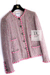 CHANEL 02S Pink Mix Ponpon Trim Cotton Silk Tweed Jacket 38 40 シャネル ピンク ミックス ポンポン トリム コットン シルク ノーカラー ツイード ジャケット 即発