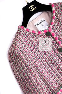 CHANEL 02S Pink Mix Ponpon Trim Cotton Silk Tweed Jacket 38 40 シャネル ピンク ミックス ポンポン トリム コットン シルク ノーカラー ツイード ジャケット 即発