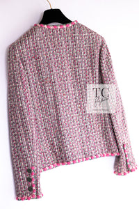 CHANEL 02S Pink Mix Ponpon Trim Cotton Silk Tweed Jacket 38 40 シャネル ピンク ミックス ポンポン トリム コットン シルク ノーカラー ツイード ジャケット 即発