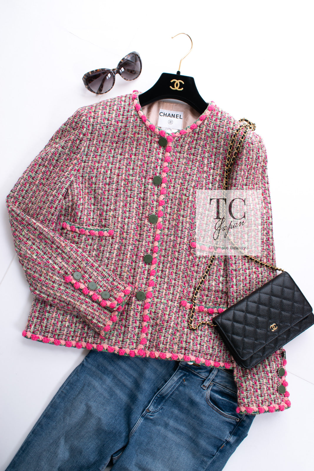 CHANEL 02S Pink Mix Ponpon Trim Cotton Silk Tweed Jacket 38 40 シャネル ピンク  ミックス ポンポン トリム コットン シルク ノーカラー ツイード ジャケット 即発