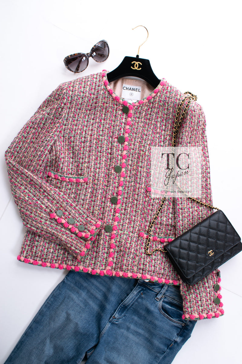 CHANEL 02S Pink Mix Ponpon Trim Cotton Silk Tweed Jacket 38 40 シャネル ピンク ミックス ポンポン トリム コットン シルク ノーカラー ツイード ジャケット 即発