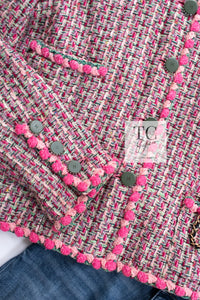 CHANEL 02S Pink Mix Ponpon Trim Cotton Silk Tweed Jacket 38 40 シャネル ピンク ミックス ポンポン トリム コットン シルク ノーカラー ツイード ジャケット 即発