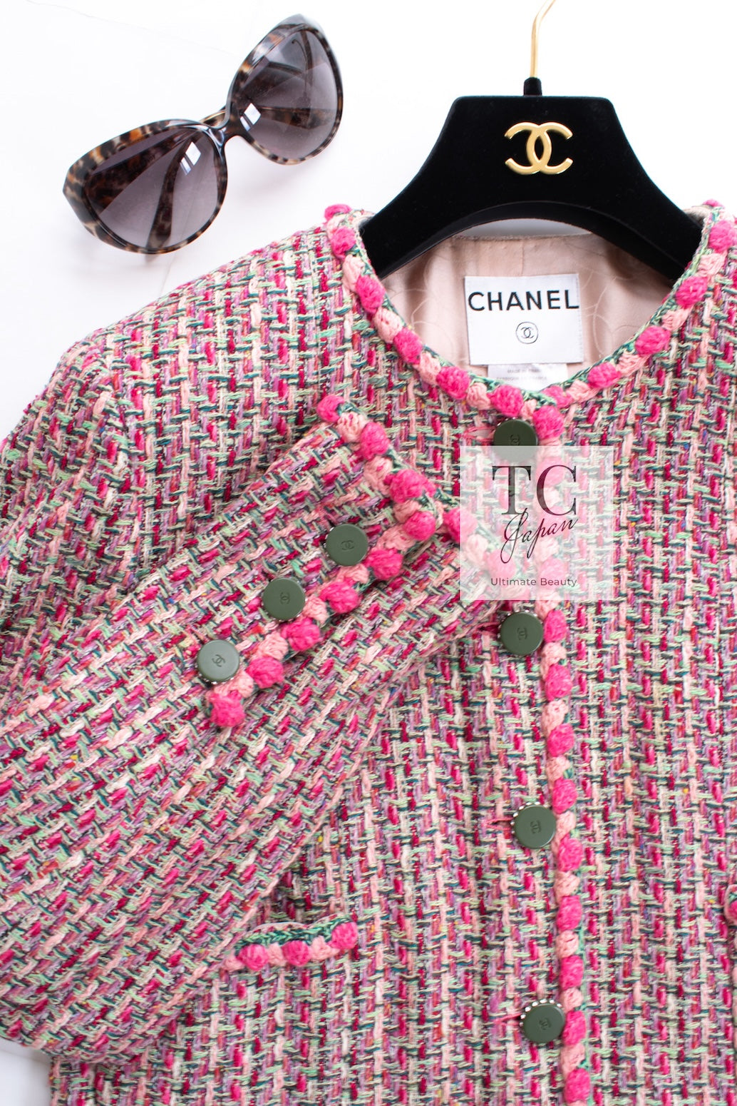 CHANEL 02S Pink Mix Ponpon Trim Cotton Silk Tweed Jacket 38 40 シャネル ピンク  ミックス ポンポン トリム コットン シルク ノーカラー ツイード ジャケット 即発