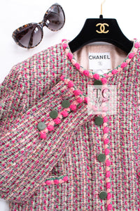 CHANEL 02S Pink Mix Ponpon Trim Cotton Silk Tweed Jacket 38 40 シャネル ピンク ミックス ポンポン トリム コットン シルク ノーカラー ツイード ジャケット 即発