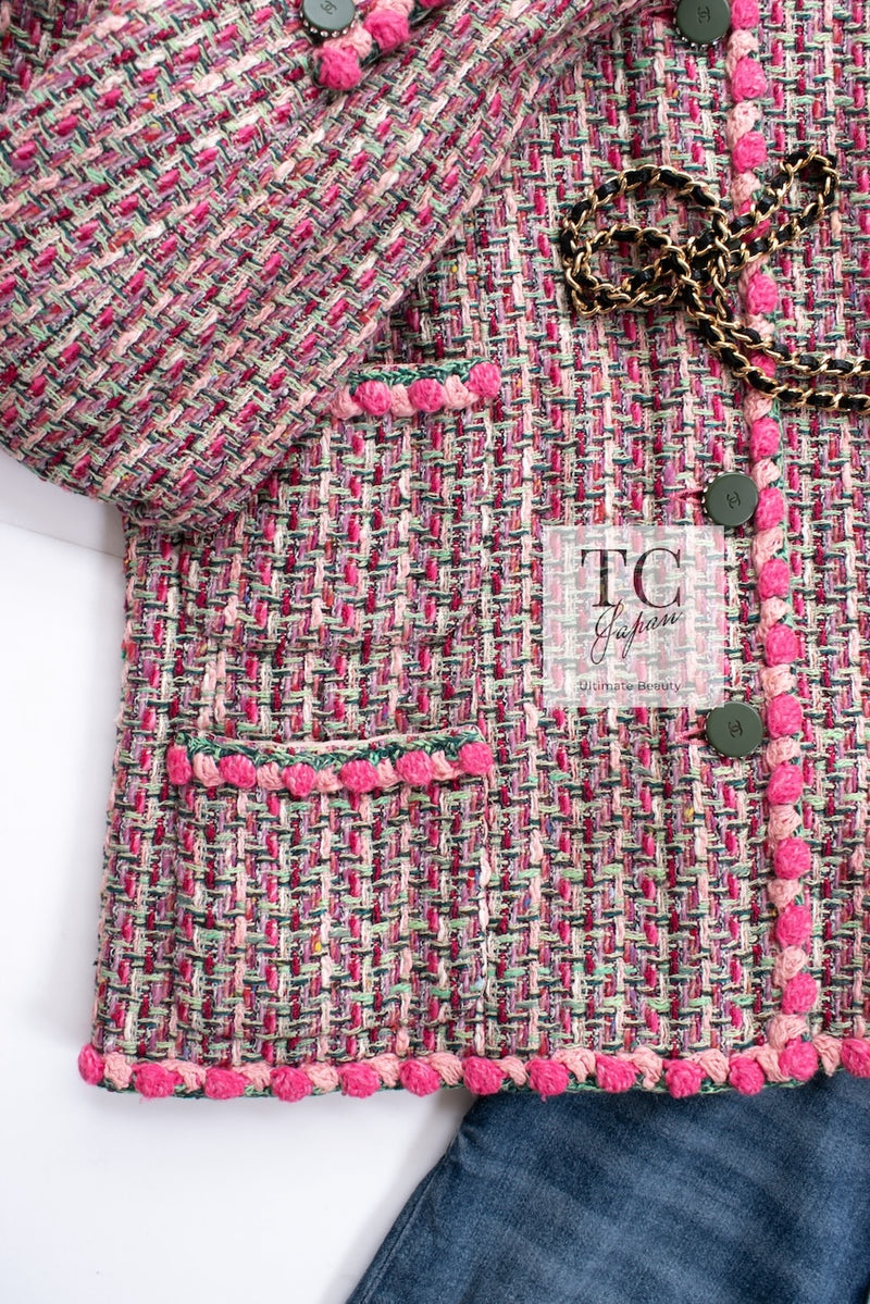 CHANEL 02S Pink Mix Ponpon Trim Cotton Silk Tweed Jacket 38 40 シャネル ピンク ミックス ポンポン トリム コットン シルク ノーカラー ツイード ジャケット 即発