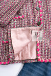 CHANEL 02S Pink Mix Ponpon Trim Cotton Silk Tweed Jacket 38 40 シャネル ピンク ミックス ポンポン トリム コットン シルク ノーカラー ツイード ジャケット 即発