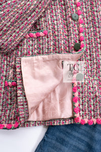 CHANEL 02S Pink Mix Ponpon Trim Cotton Silk Tweed Jacket 38 40 シャネル ピンク ミックス ポンポン トリム コットン シルク ノーカラー ツイード ジャケット 即発