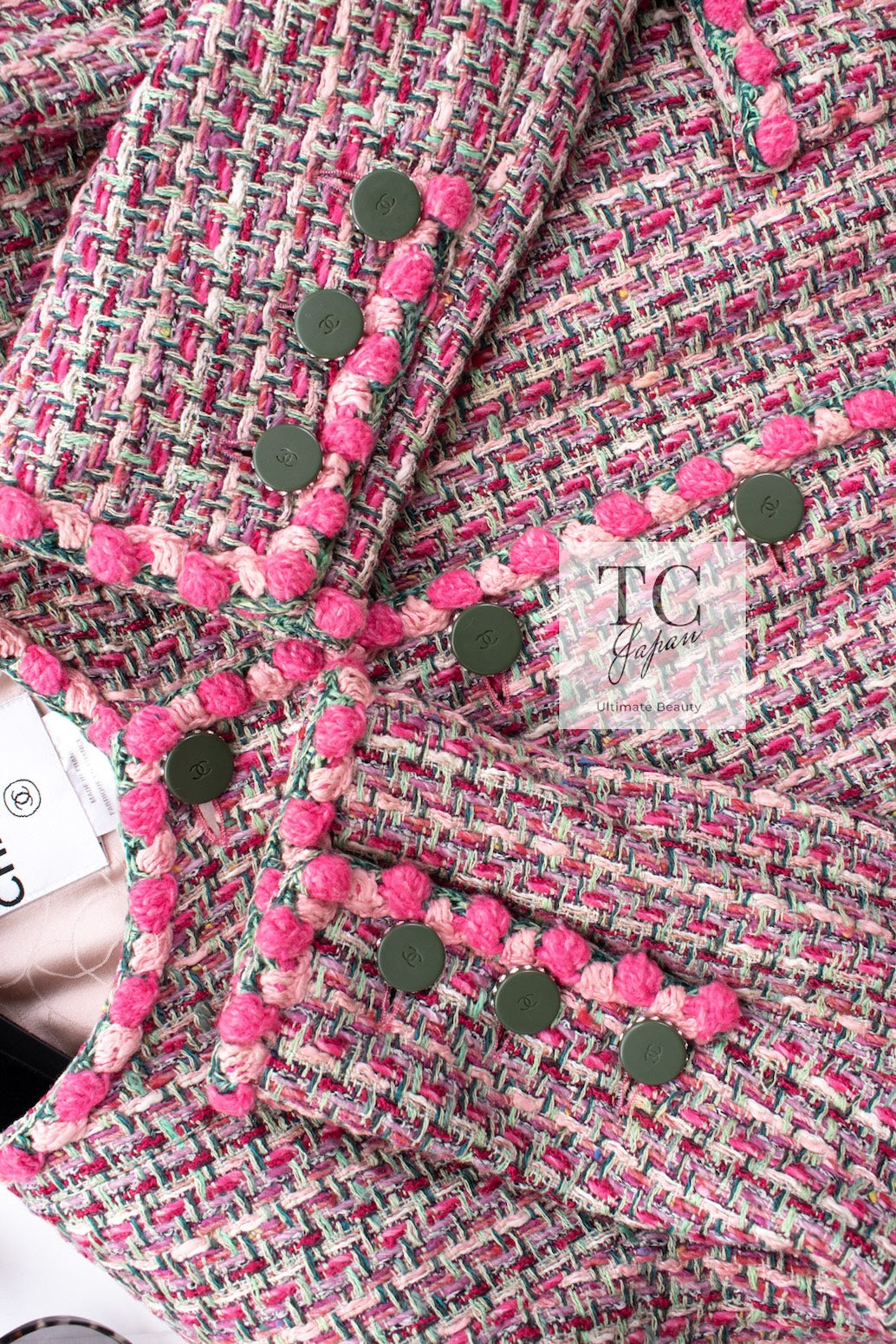 CHANEL 02S Pink Mix Ponpon Trim Cotton Silk Tweed Jacket 38 40 シャネル ピンク  ミックス ポンポン トリム コットン シルク ノーカラー ツイード ジャケット 即発