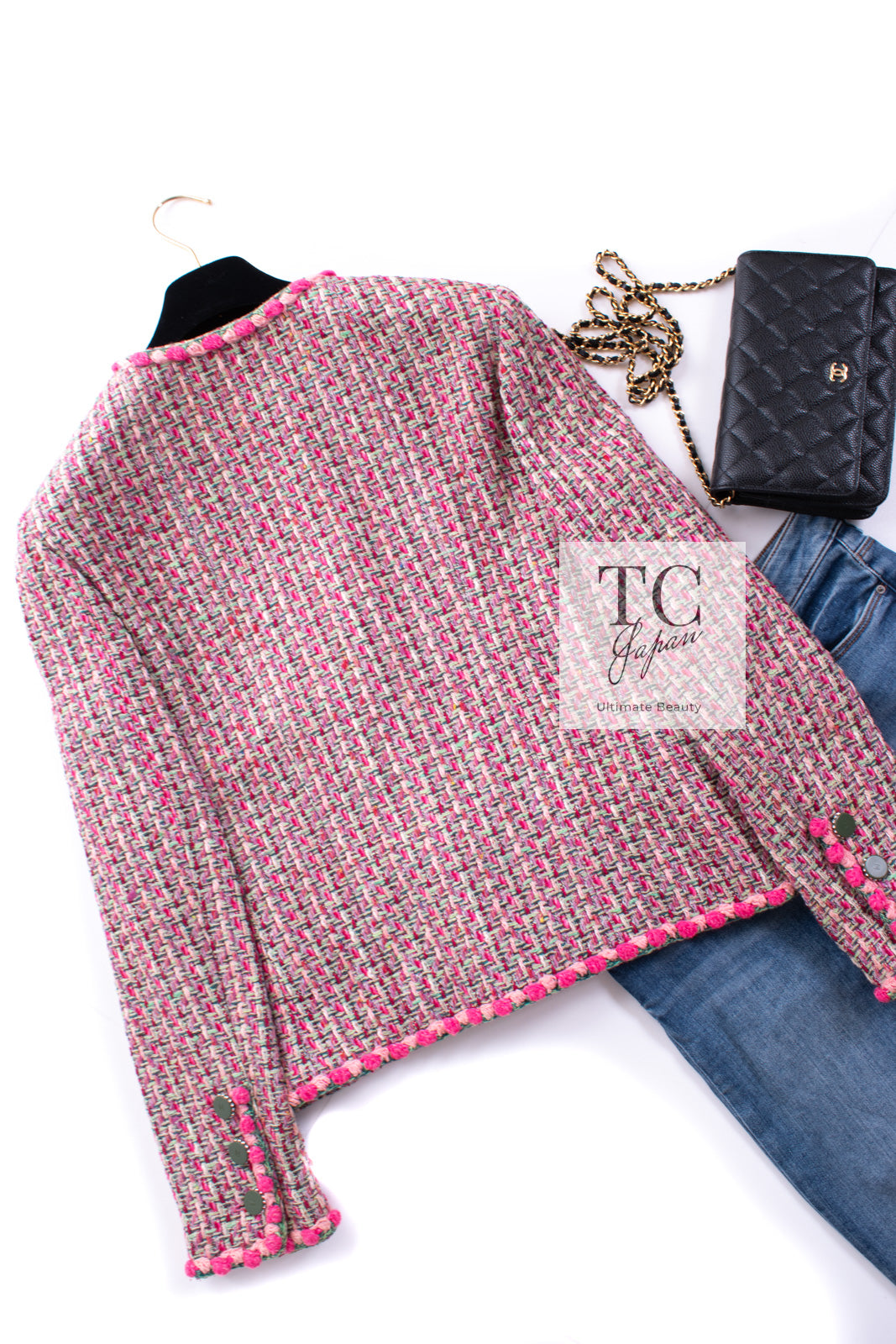 シャネル ジャケット CHANEL ピンク ミックス ポンポン トリム コットン シルク ノーカラー ツイード 02S Pink Mix Ponpon  Trim Cotton Silk Tweed Jacket – TC JAPAN