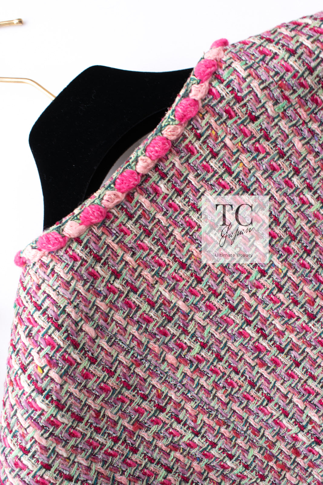 CHANEL 02S Pink Mix Ponpon Trim Cotton Silk Tweed Jacket 38 40 シャネル ピンク  ミックス ポンポン トリム コットン シルク ノーカラー ツイード ジャケット 即発