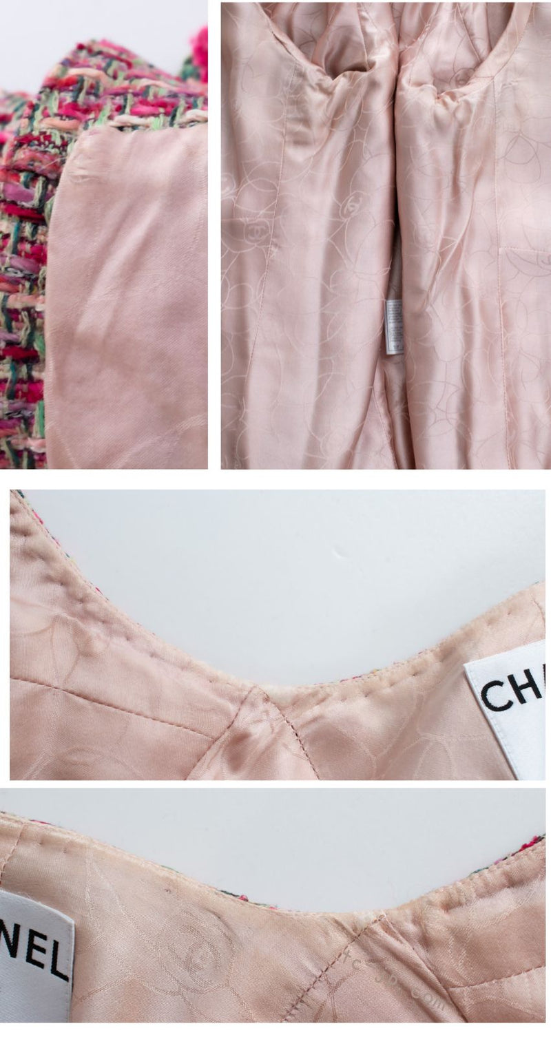 CHANEL 02S Pink Mix Ponpon Trim Cotton Silk Tweed Jacket 38 40 シャネル ピンク ミックス ポンポン トリム コットン シルク ノーカラー ツイード ジャケット 即発