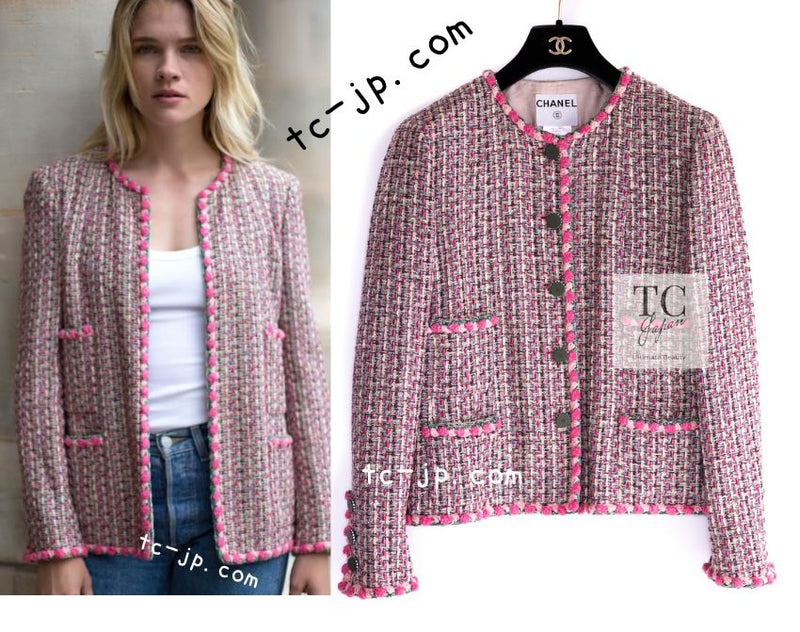 CHANEL 02S Pink Mix Ponpon Trim Cotton Silk Tweed Jacket 38 40 シャネル ピンク ミックス ポンポン トリム コットン シルク ノーカラー ツイード ジャケット 即発