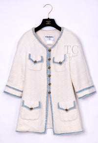CHANEL 07S Creme Ivory Wash Blue Trim Jacket Coat 34 シャネル クリーム アイボリー ライトブルー トリミング ジャケット コート 即発