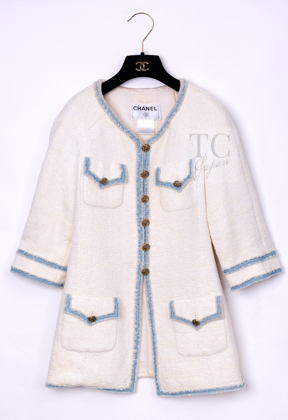CHANEL 07S Creme Ivory Wash Blue Trim Jacket Coat 34 シャネル クリーム アイボリー ライトブルー トリミング ジャケット コート 即発