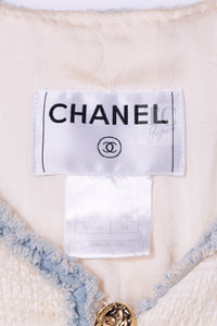 CHANEL 07S Creme Ivory Wash Blue Trim Jacket Coat 34 シャネル クリーム アイボリー ライトブルー トリミング ジャケット コート 即発
