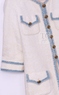 CHANEL 07S Creme Ivory Wash Blue Trim Jacket Coat 34 シャネル クリーム アイボリー ライトブルー トリミング ジャケット コート 即発
