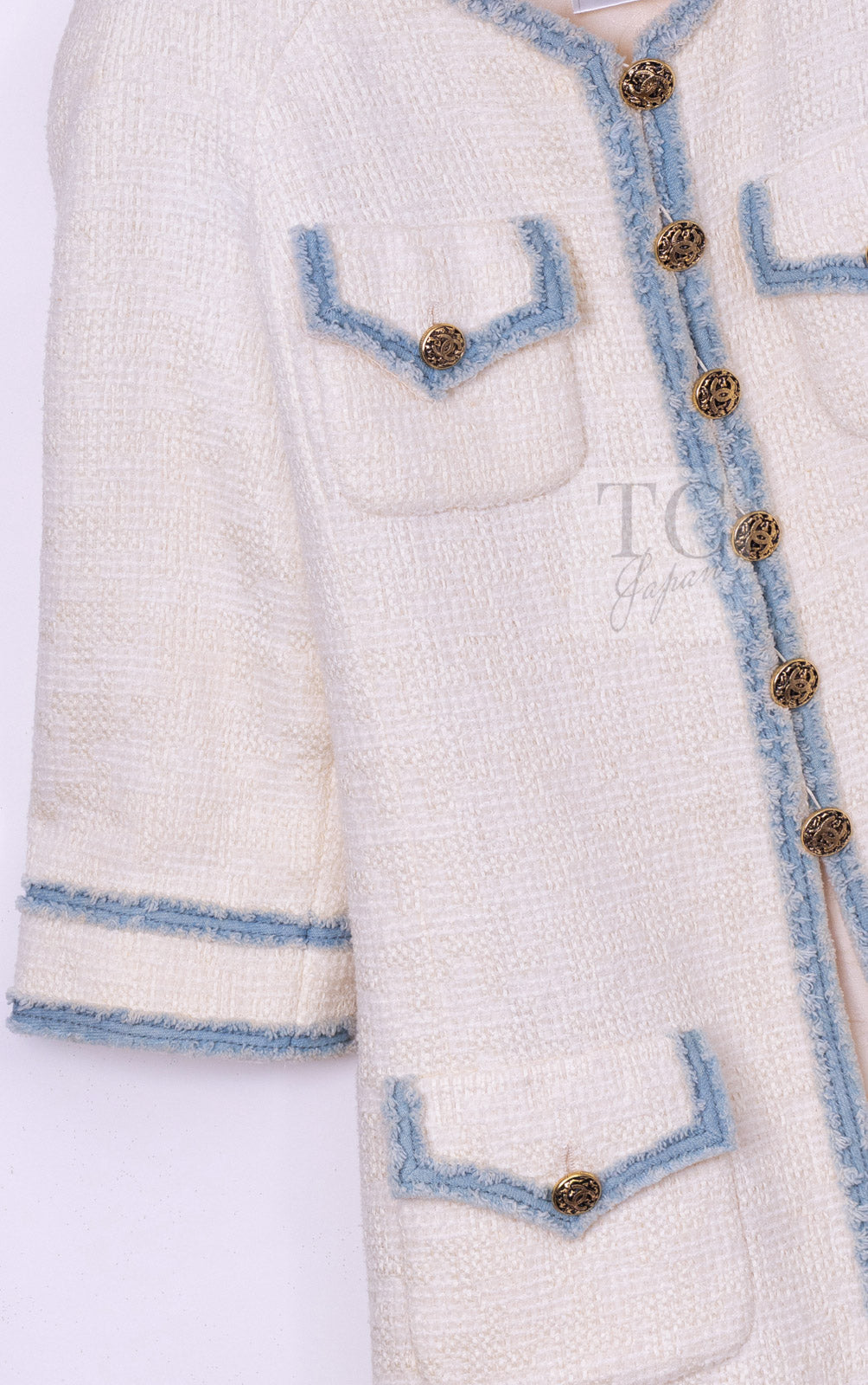 CHANEL 07S Creme Ivory Wash Blue Trim Jacket Coat 34 シャネル クリーム アイボリー ライトブルー トリミング ジャケット コート 即発