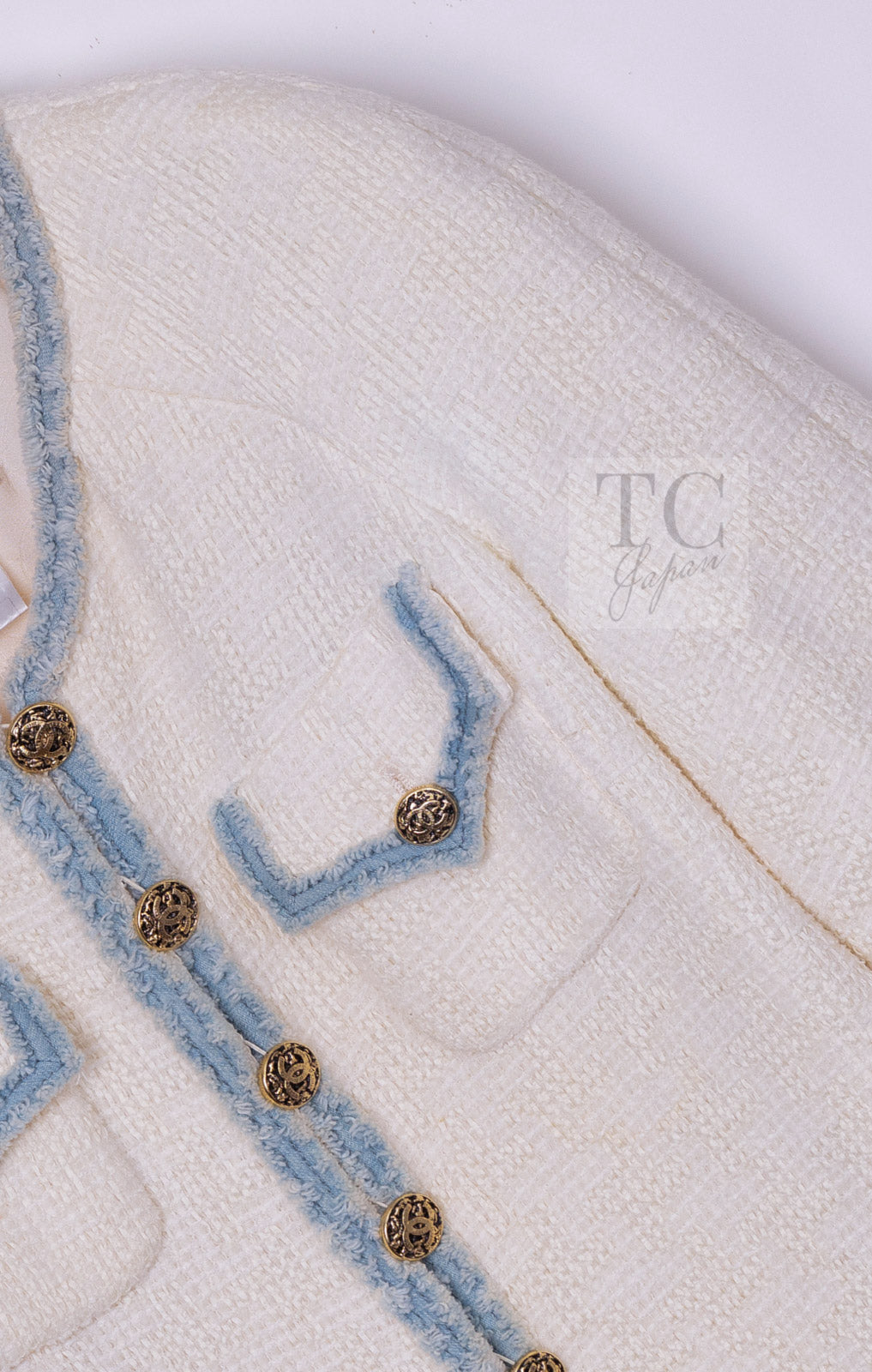 CHANEL 07S Creme Ivory Wash Blue Trim Jacket Coat 34 シャネル クリーム アイボリー ライトブルー トリミング ジャケット コート 即発
