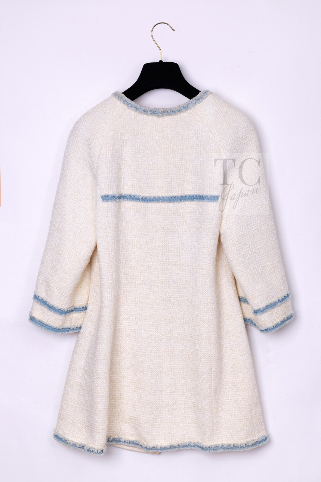 CHANEL 07S Creme Ivory Wash Blue Trim Jacket Coat 34 シャネル クリーム アイボリー ライトブルー トリミング ジャケット コート 即発