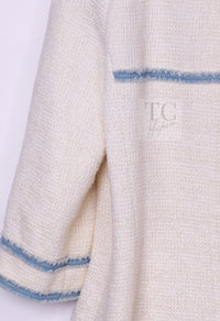 CHANEL 07S Creme Ivory Wash Blue Trim Jacket Coat 34 シャネル クリーム アイボリー ライトブルー トリミング ジャケット コート 即発