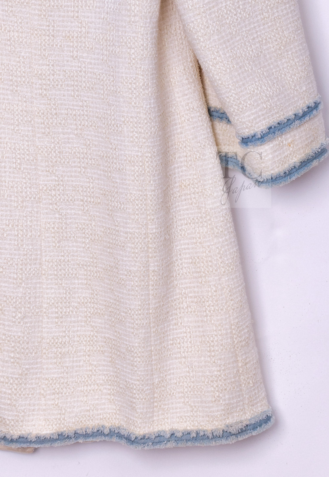 CHANEL 07S Creme Ivory Wash Blue Trim Jacket Coat 34 シャネル クリーム アイボリー ライトブルー トリミング ジャケット コート 即発