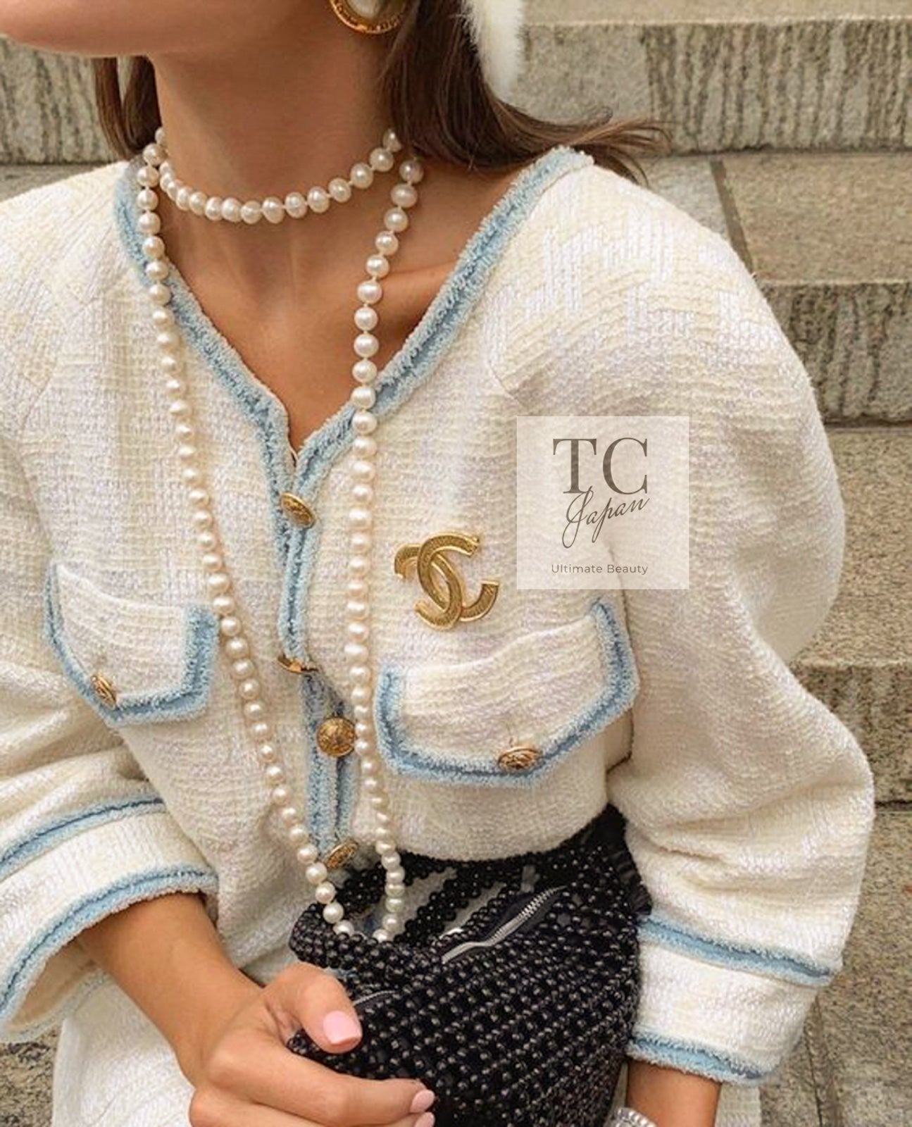 CHANEL 07S Creme Ivory Wash Blue Trim Jacket Coat 34 シャネル クリーム アイボリー ライトブルー トリミング ジャケット コート - TC JAPAN