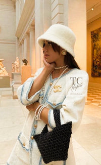 CHANEL 07S Creme Ivory Wash Blue Trim Jacket Coat 34 シャネル クリーム アイボリー ライトブルー トリミング ジャケット コート - TC JAPAN