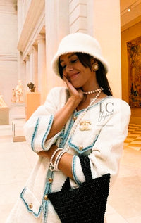 CHANEL 07S Creme Ivory Wash Blue Trim Jacket Coat 34 シャネル クリーム アイボリー ライトブルー トリミング ジャケット コート - TC JAPAN