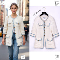 CHANEL 07S Creme Ivory Wash Blue Trim Jacket Coat 34 シャネル クリーム アイボリー ライトブルー トリミング ジャケット コート 即発