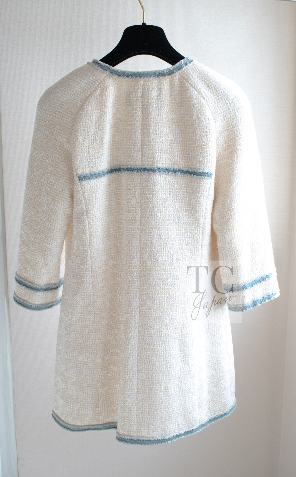 CHANEL 07S Creme Ivory Wash Blue Trim Jacket Coat 34 シャネル クリーム アイボリー ライトブルー トリミング ジャケット コート 即発