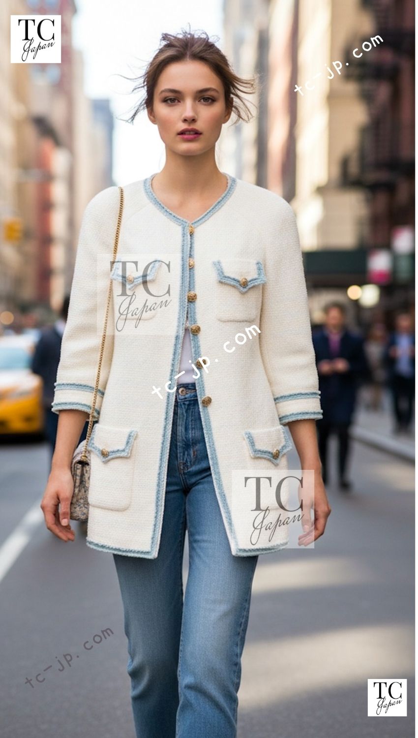 CHANEL 07S ivory blue trim cotton women's jacket / シャネル レディース アイボリー ブルー トリム コットン ジャケット