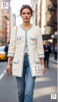 CHANEL 07S Creme Ivory Wash Blue Trim Jacket Coat 34 シャネル クリーム アイボリー ライトブルー トリミング ジャケット コート 即発