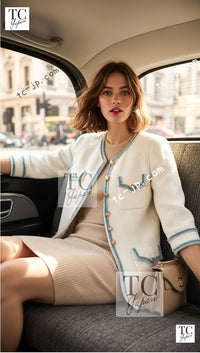 CHANEL 07S Creme Ivory Wash Blue Trim Jacket Coat 34 シャネル クリーム アイボリー ライトブルー トリミング ジャケット コート 即発