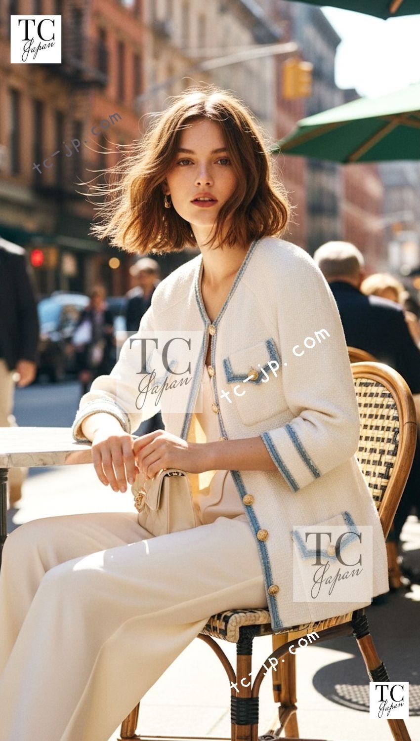 CHANEL 07S ivory blue trim cotton women's jacket / シャネル レディース アイボリー ブルー トリム コットン ジャケット