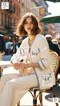 CHANEL 07S Creme Ivory Wash Blue Trim Jacket Coat 34 シャネル クリーム アイボリー ライトブルー トリミング ジャケット コート 即発