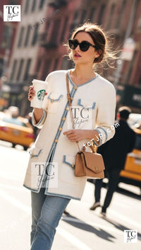 CHANEL 07S Creme Ivory Wash Blue Trim Jacket Coat 34 シャネル クリーム アイボリー ライトブルー トリミング ジャケット コート 即発