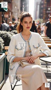 CHANEL 07S ivory blue trim cotton women's jacket / シャネル レディース アイボリー ブルー トリム コットン ジャケット