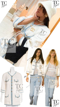 CHANEL 07S Creme Ivory Wash Blue Trim Jacket Coat 34 シャネル クリーム アイボリー ライトブルー トリミング ジャケット コート 即発