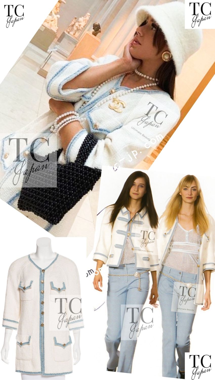 CHANEL 07S Creme Ivory Wash Blue Trim Jacket Coat 34 シャネル クリーム アイボリー ライトブルー トリミング ジャケット コート 即発