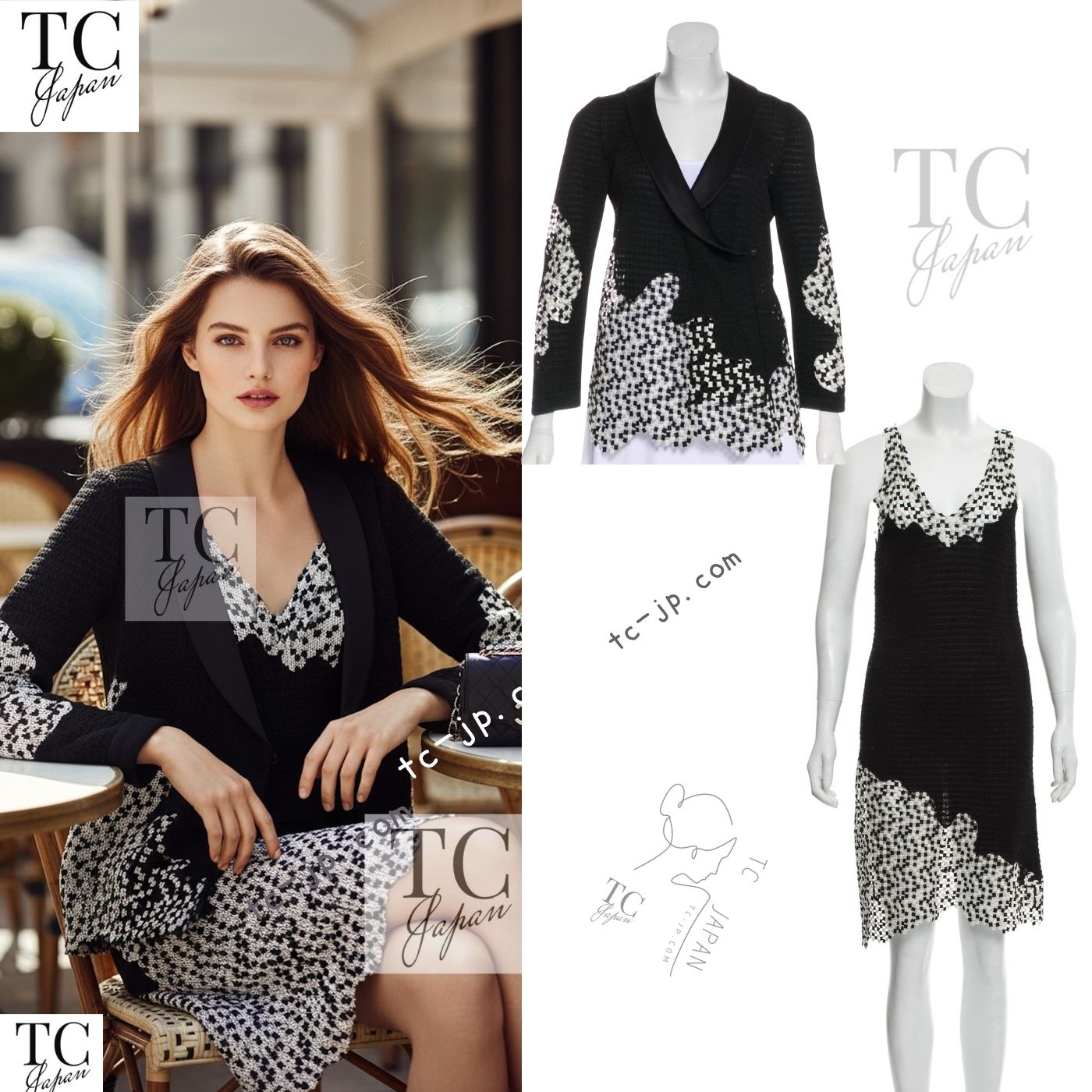 CHANEL 11S Cameron Diaz Black White Lace Cardigan Jacket Dress Set up 38 シャネル ブラック ホワイト レース カーディガン ジャケット ワンピース セットアップ 即発