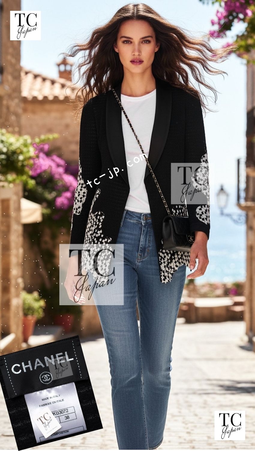 CHANEL 11S Cameron Diaz Black White Lace Cardigan Jacket Dress Set up 38 シャネル ブラック ホワイト レース カーディガン ジャケット ワンピース セットアップ 即発