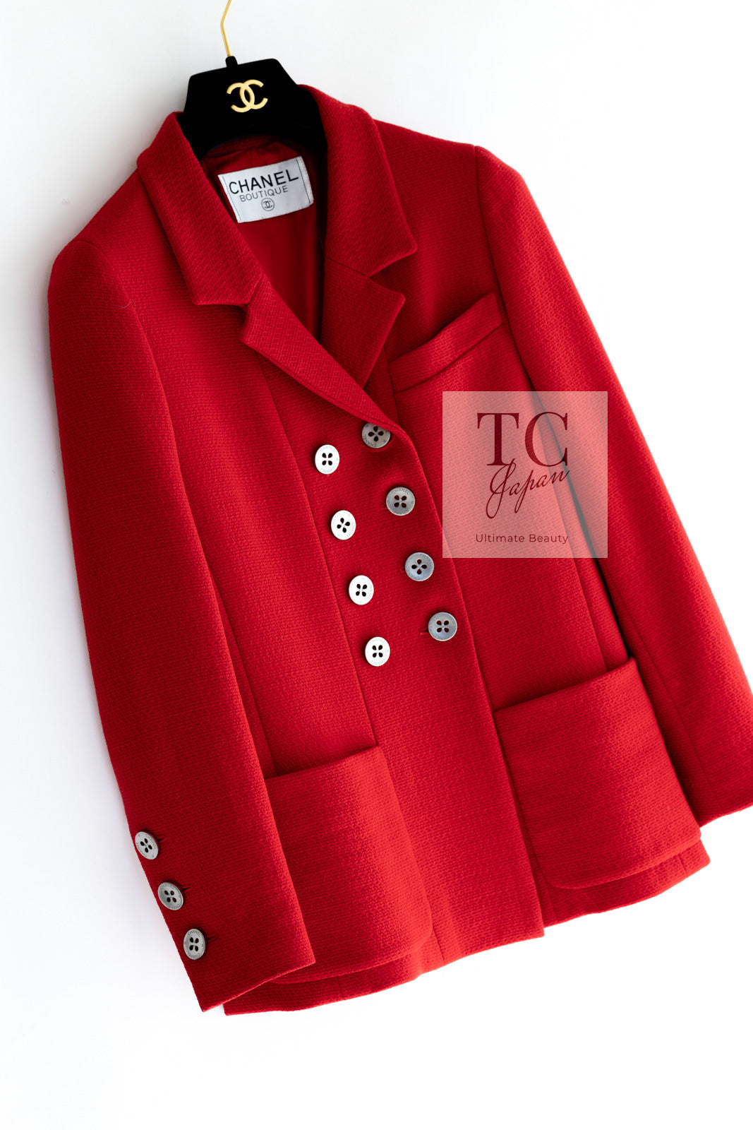 CHANEL 90s Vintage Red CC Silver Button Double Jacket 34 36 シャネル ヴィンテージ レッド  CC シルバー ボタン ダブル ジャケット 即発